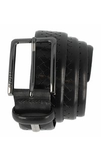 Cintura in pelle nera con texture intrecciata, fibbia rettangolare in argento e finitura liscia. Presenta un'etichetta del marchio sul supporto della fibbia.