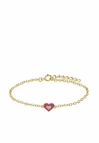 Gouden kettingarmband met een roze hartbedel met een lichtblauw binnenhartontwerp. Inclusief een karabijnsluiting en verstelbare schakel.