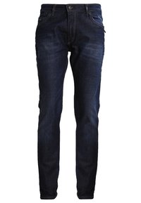 Mörkbla denimjeans med slim fit, med orange sömmar, femficksdesign och dragkedja. Mjuk textur med en lätt lyster.