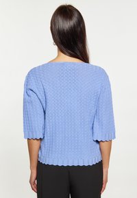 Helles blaues gestricktes Sweatshirt mit einem strukturierten Muster, kurzen Puffärmeln und gewellten Säumen. Die Rückansicht zeigt die lockere Passform und das Design.