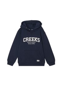 Navyblaues Kapuzenpulli aus Baumwollmischung, mit Kängurutasche, Kordelzugkapuze und weißem Text mit "CREEKS ORIGINAL Seit 1974."