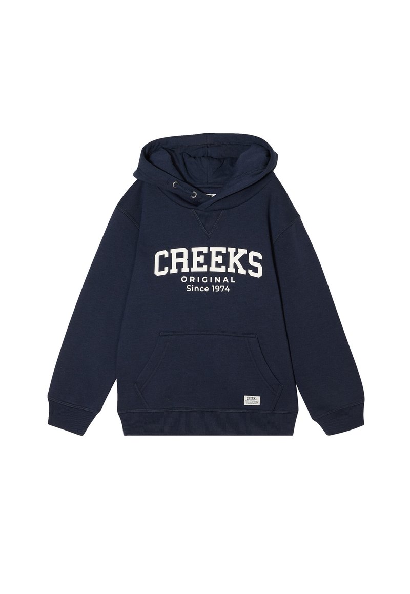 Navyblaues Kapuzenpulli aus Baumwollmischung, mit Kängurutasche, Kordelzugkapuze und weißem Text mit "CREEKS ORIGINAL Seit 1974."