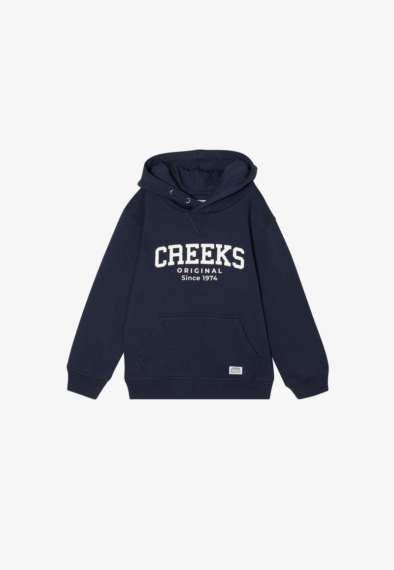 Navyblaues Kapuzenpulli aus Baumwollmischung, mit Kängurutasche, Kordelzugkapuze und weißem Text mit "CREEKS ORIGINAL Seit 1974."