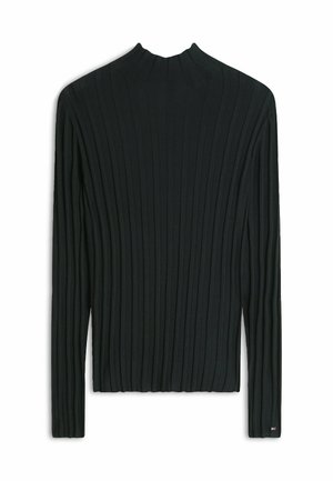 Pull noir à manches longues côtelé avec col montant et petite écusson logo sur le poignet gauche, présenté à plat sur fond blanc.