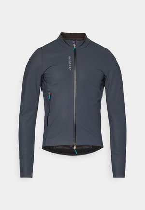 Mörkgrå cykeljacka med hög krage, full dragkedja fram och texturerad innerfoder. Har ficka med dragkedja med turkosa detaljer.