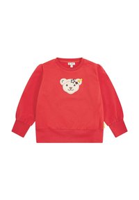 Rode pullover sweatshirt met lange pofmouwen en ribgebreide manchetten. Bevat een applicatie van een berengezicht met een ster en lintaccent op de borst.