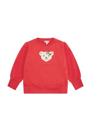 Red pullover sweatshirt with long puff sleeves and ribbed cuffs. Features a bear face appliqué with a star and ribbon accent on the chest.