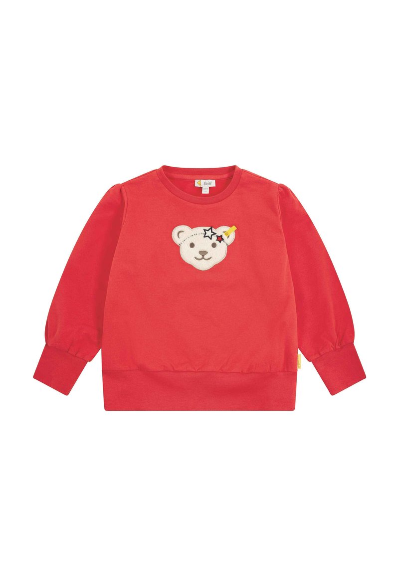 Rode pullover sweatshirt met lange pofmouwen en ribgebreide manchetten. Bevat een applicatie van een berengezicht met een ster en lintaccent op de borst.