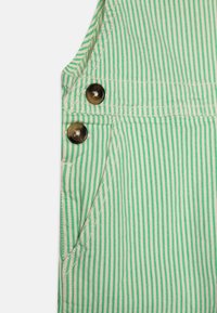Gestreifte grüne und weiße Latzhose mit einer Fronttasche, braunen Knöpfen und einem strukturierten Stoff. Das Design betont vertikale Streifen.