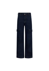 Donkerblauwe cargo jeans met brede pijpen, twee flapzakken aan de zijkanten en subtiele stikdetails. Gemaakt van denim materiaal.