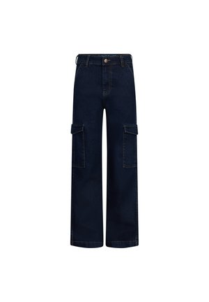 Jeans cargo blu scuro con gambe larghe, due tasche a pattina sui lati e dettagli di cucitura sottili. Realizzati in denim.