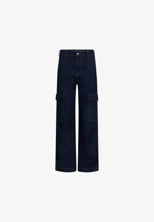 Jeans cargo blu scuro con gambe larghe, due tasche a pattina sui lati e dettagli di cucitura sottili. Realizzati in denim.