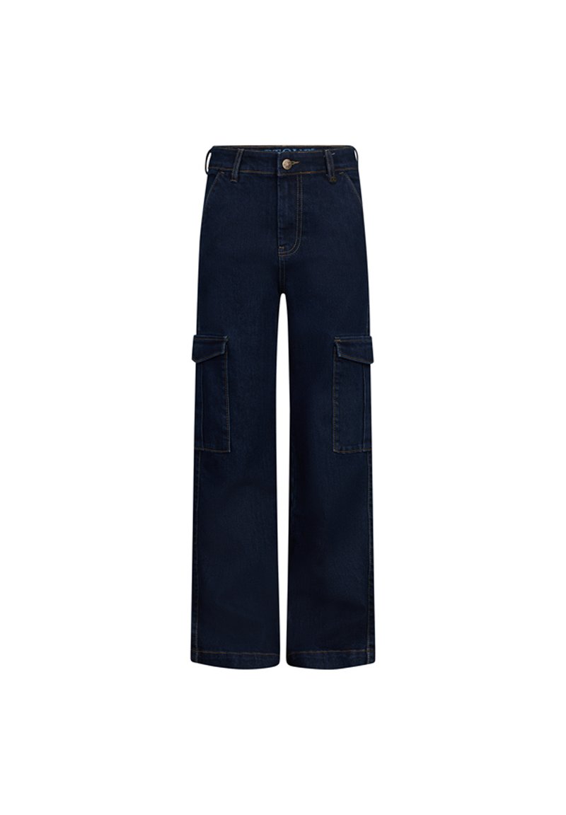 Donkerblauwe cargo jeans met brede pijpen, twee flapzakken aan de zijkanten en subtiele stikdetails. Gemaakt van denim materiaal.