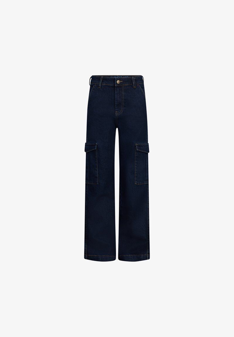 Donkerblauwe cargo jeans met brede pijpen, twee flapzakken aan de zijkanten en subtiele stikdetails. Gemaakt van denim materiaal.