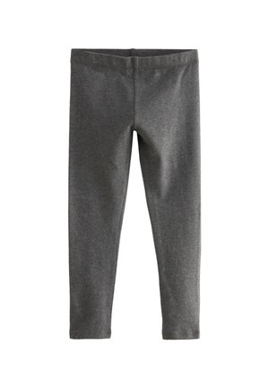 Dunkelgraue, bodenlange Leggings aus elastischem Stoff, mit glattem Bund und ohne sichtbare Verschlüsse oder Taschen.