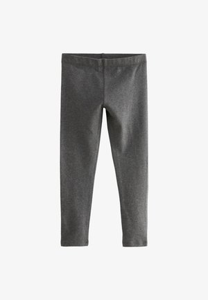 Dunkelgraue, bodenlange Leggings aus elastischem Stoff, mit glattem Bund und ohne sichtbare Verschlüsse oder Taschen.