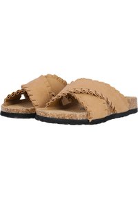 Kumisan nahkakengät, joissa on aallotettu hihna, korkki-välikerros ja musta kumipohja. Avoin varvasmuotoilu. Pintakuvio näyttää sileältä.