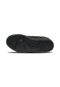 Svart gummisula till sneakers med strukturerade spår, cirkulära mönster och subtil branding. Robust konstruktion och ingen synlig slitage.
