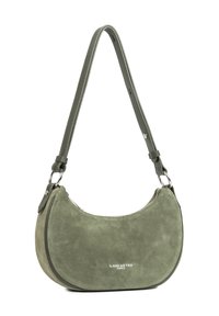 Piccola borsa a spalla in suede verde con strap regolabile, zip argentata e logo "Lancaster Paris" al centro davanti.