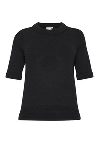 Czarny sweter z krótkim rękawem, wykonany z dzianiny o fakturze, z okrągłym dekoltem i podwiniętymi mankietami, zapewniający luźne dopasowanie.