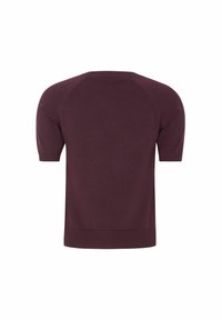 Lühikeste varrukatega kampsun tumesinisel burgundil. Pehme, kootud tekstuur ribaga ääre ja raglanvarrukatega. Lihtne disain, nähtavaid mustreid ega aksente ei ole.