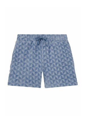 Šviesiai mėlyni šortai su tekstūruotu trikampiu raštu, elastinga juosta ir priekiniais raišteliais. Pagaminti iš minkštos ir patogios medžiagos.