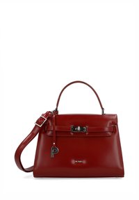 Sac à main en cuir rouge avec une forme structurée, une poignée supérieure, une bandoulière amovible et des éléments métalliques argentés. Comprend un détail de fermoir à l'avant.