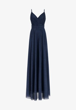 Navy Blau Maxi-Kleid aus schimmerndem Stoff, mit tailliertem Oberteil, überkreuztem Ausschnitt, dünnen Trägern und einem fließenden Rock.