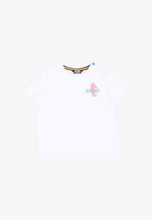 Biały krótkim rękawem T-shirt dla malucha z różowym konikiem morskim i zielonym logo "K-WAY" na lewej stronie klatki piersiowej oraz napą blisko kołnierza.