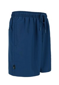 Herren Badehosenshorts, dunkelblau, leichtes Material, elastischer Bund mit Kordelzug, seitliche Tasche, schlichtes Design ohne Muster oder Akzente.