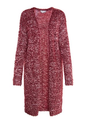 Red, fuzzy cardigan with an open front and long sleeves; features a textured knit pattern for added warmth and softness.
