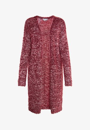 Red, fuzzy cardigan with an open front and long sleeves; features a textured knit pattern for added warmth and softness.