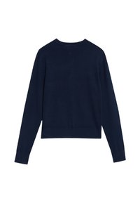 Granatowy sweter z długimi rękawami, okrągłym dekoltem, ściągaczami u dołu oraz luźnym krojem. Gładka faktura bez widocznych wzorów czy akcentów.