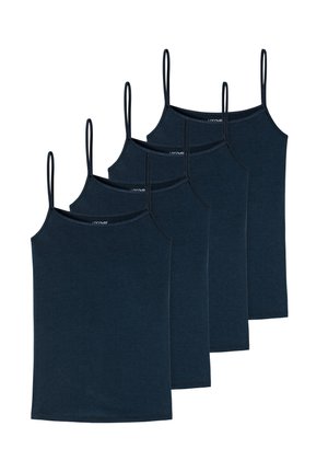 Fünf dunkelblaue ärmellose Spaghettiträger-Tanktops mit dünnen Trägern, die überlappend auf weißem Hintergrund angeordnet sind.