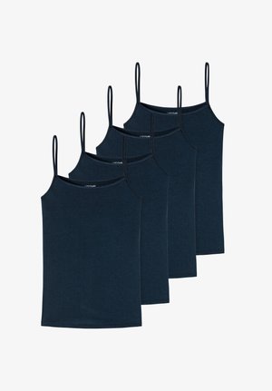 Fünf dunkelblaue ärmellose Spaghettiträger-Tanktops mit dünnen Trägern, die überlappend auf weißem Hintergrund angeordnet sind.
