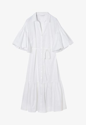 Valge nööpidega kleit lühikeste, laia puffvarrukatega, rõhutatult vöökohta seotav ja laieneva, kihilise hemiga. Sile puuvillane kangas, ilma mustriteta.