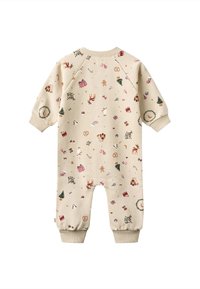 Grenouillère beige en coton avec des imprimés festifs colorés comme des bonshommes en pain d'épice, des arbres et des étoiles. Poignets côtelés et encolure arrondie.