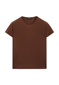 Brun bomulds t-shirt med korte ærmer, rund halsudskæring, enkelt design og lige skæring i bunden.