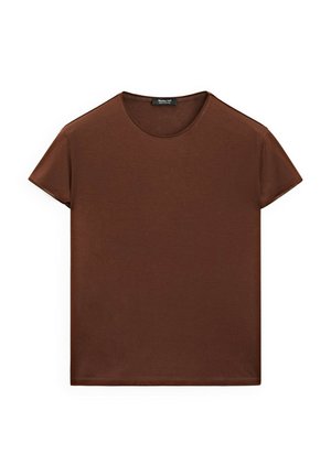 Bruine katoenen T-shirt met korte mouwen, ronde halslijn, eenvoudig ontwerp en een rechte snit aan de onderrand.