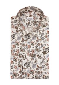 Weißes Hemd mit aufwendigem floralen Muster in erdigen Farben, ausgestattet mit einem spitzen Kragen und einer einzelnen Brusttasche mit Knopfverschluss.