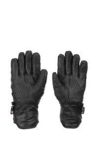 Guanti in pelle nera con superficie texturizzata, caratterizzati da un design sagomato, dettagli cuciti e chiusure regolabili al polso.