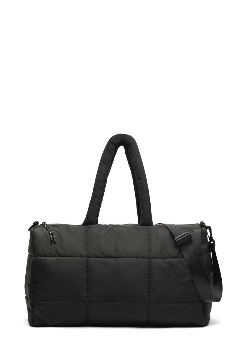 Borsa a duffel nera imbottita con texture trapuntata, manici corti e tracolla removibile. Due zip nella chiusura superiore.