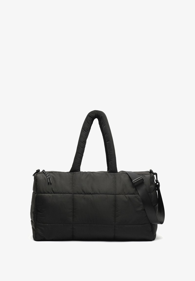 Borsa a duffel nera imbottita con texture trapuntata, manici corti e tracolla removibile. Due zip nella chiusura superiore.