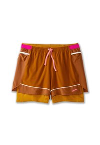 Short de sport à deux couches orange et marron avec cordon rose et détails, bordure blanche et petit logo en bas à droite.