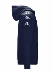 Mornarska kapuca s sprednjim zadrgo, ki ima bele Kappa logotipe na levem rami in kenguru žep spredaj.