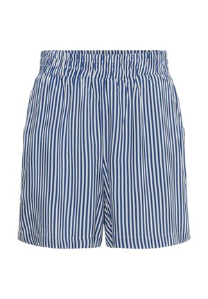 Modré a biele krátke nohavice s elastickým pásom so zvislými pruhmi a bočnými vreckami, vyrobené z ľahkej látky.
