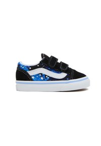 Baskets noires avec un motif étoilé bleu, des rayures blanches et deux bandes Velcro. Semelle en caoutchouc avec une texture antidérapante. Design basse.