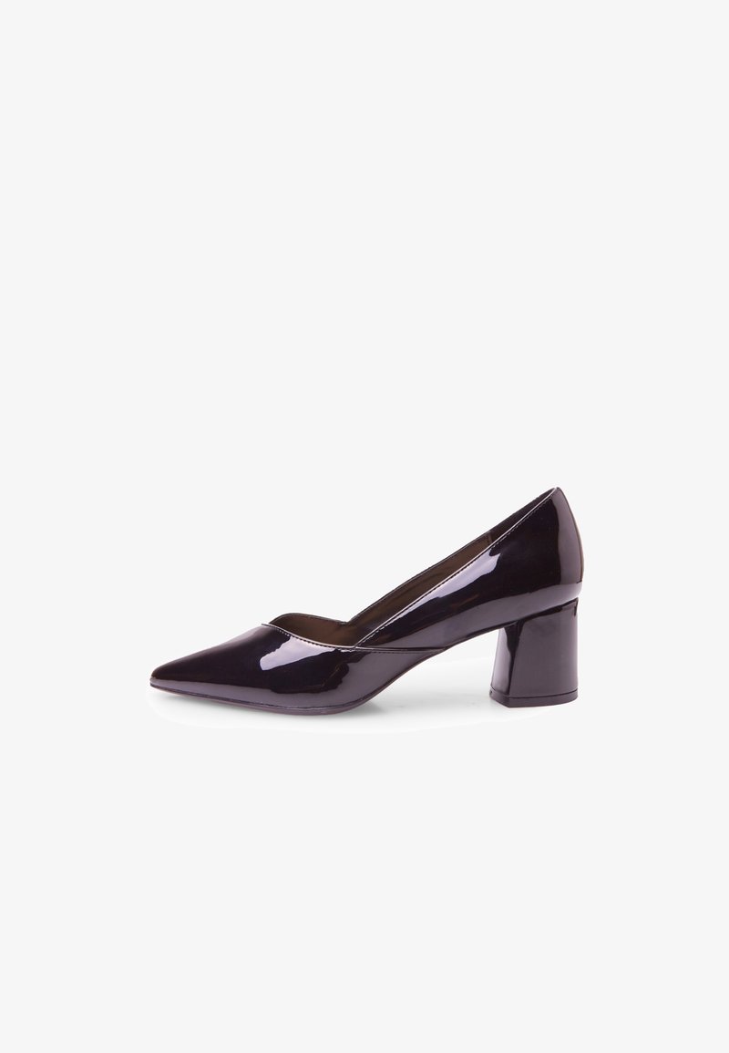 Escarpin femme brun foncé brillant avec bout pointu et talon bloc épais de hauteur moyenne, présenté en vue de profil sur fond blanc.