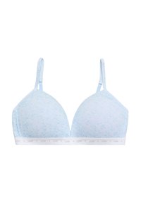 Sostén acolchado de color azul claro, con un acabado texturizado, tirantes ajustables y una banda elástica blanca con la palabra "LOVE" en un patrón repetido.