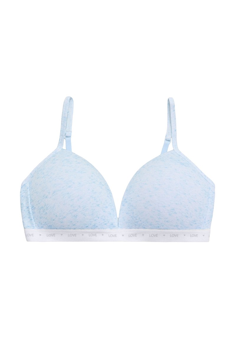 Sostén acolchado de color azul claro, con un acabado texturizado, tirantes ajustables y una banda elástica blanca con la palabra "LOVE" en un patrón repetido.